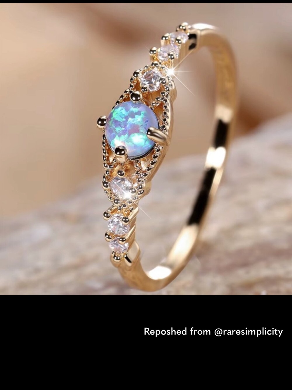 Gold Blue Opal Accent Ring with Sparkling CZ Stones